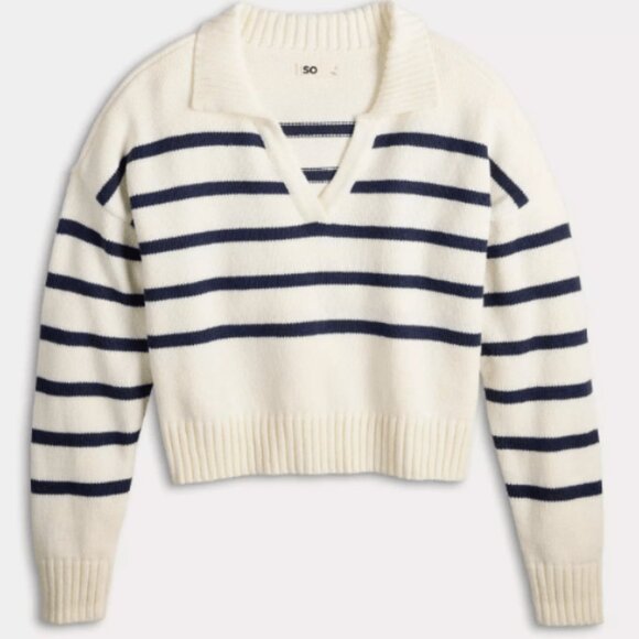 SO Women’s Collared Striped Sweater Cream/Navy Size XL Pullover Knit Top - Picture 2 of 2